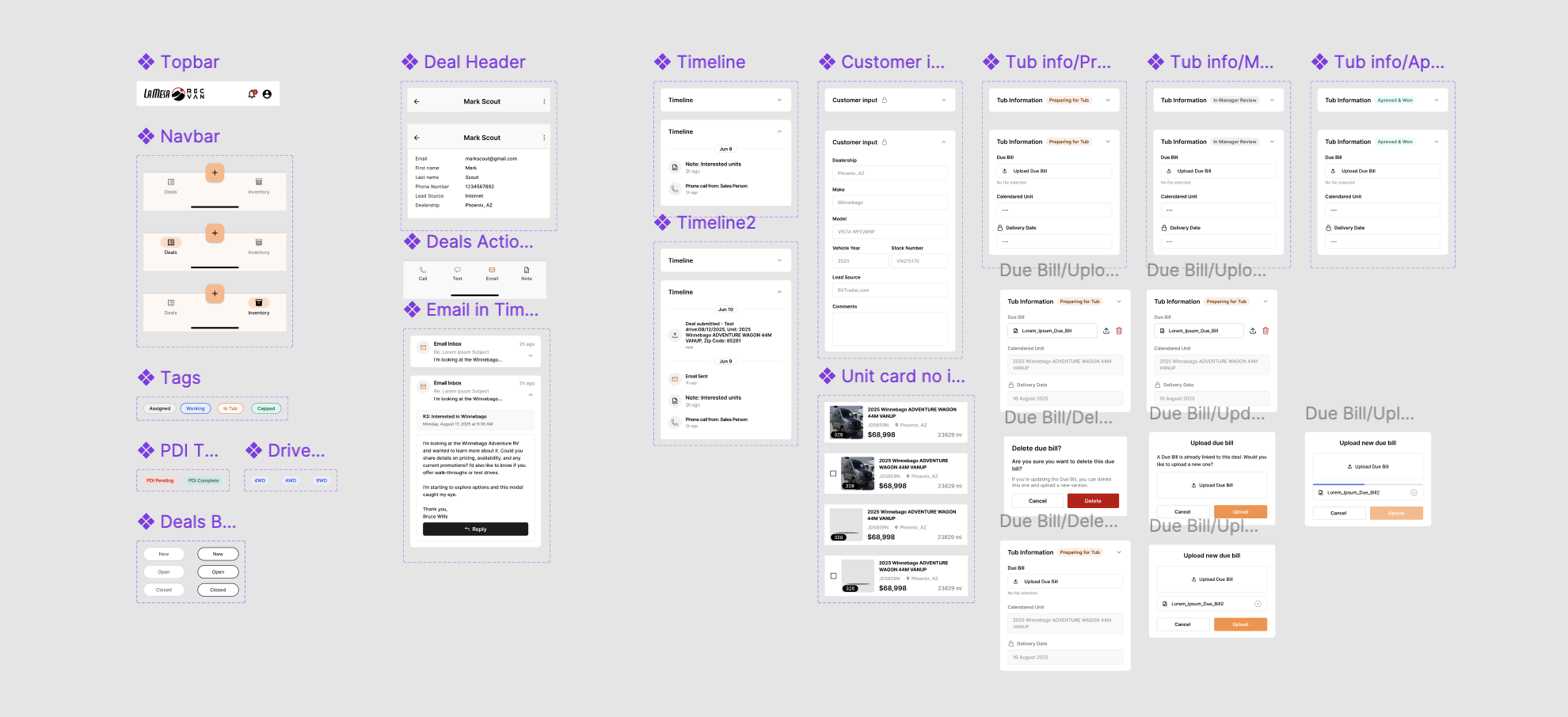 Component sheet: top bar, navbar, tags, deal header, deals action bar, timeline, customer input, and tub info states.