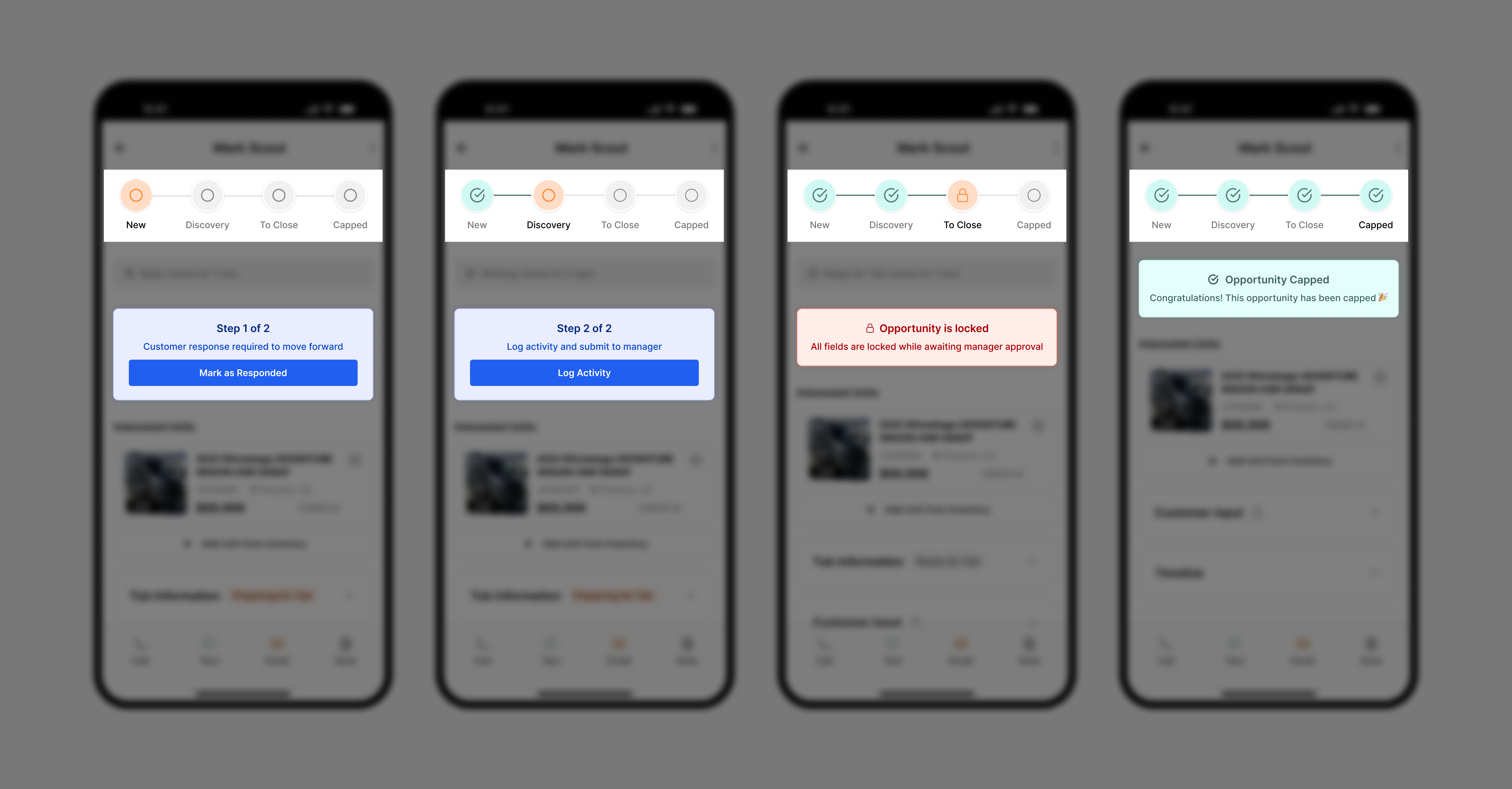 Deal stages with New, Discovery, To Close, and Capped: color cues and contextual messages per stage for what is happening and what to do next.