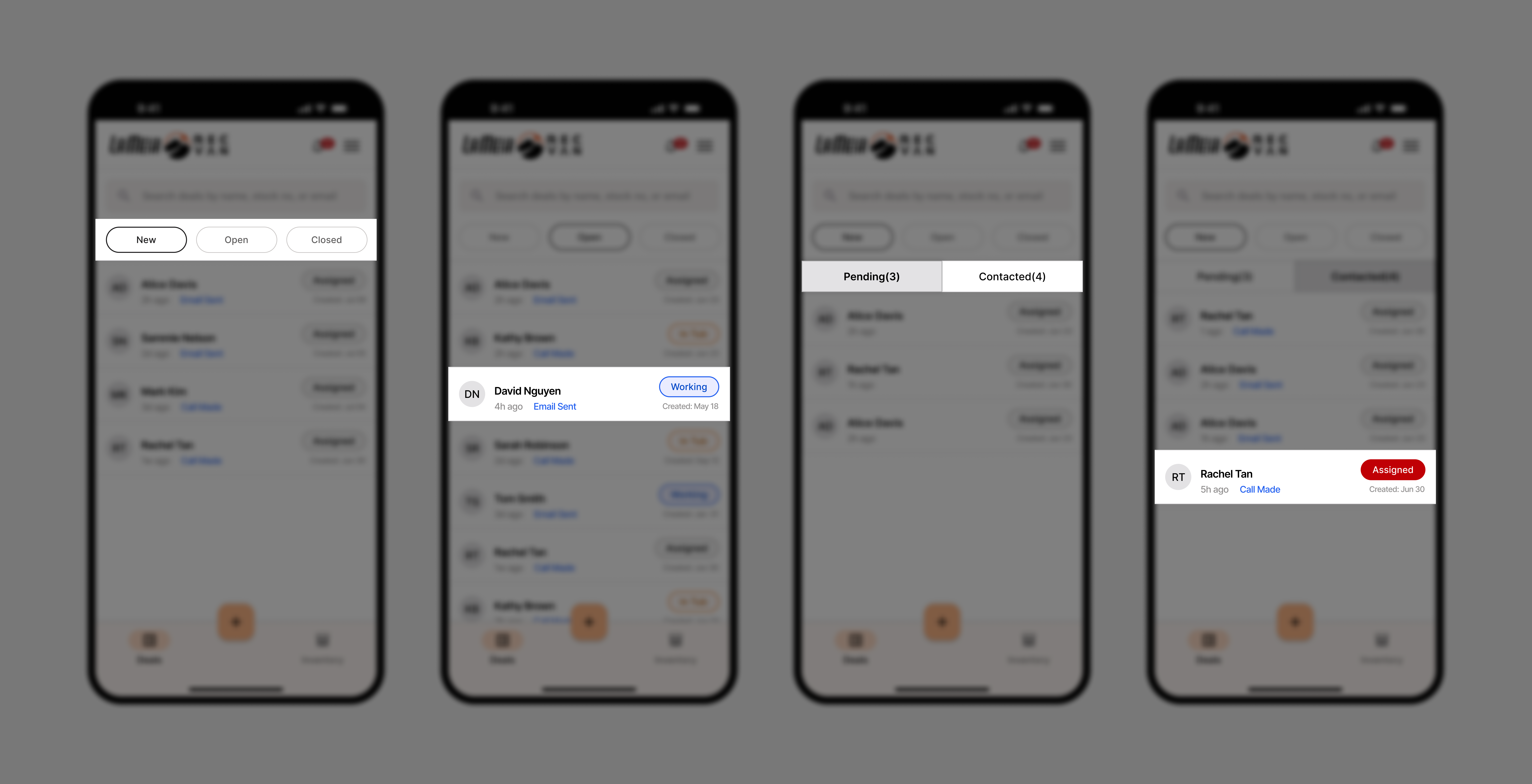 Deals list screens for New, Open, Closed, Pending, and Contacted views with stage chips.