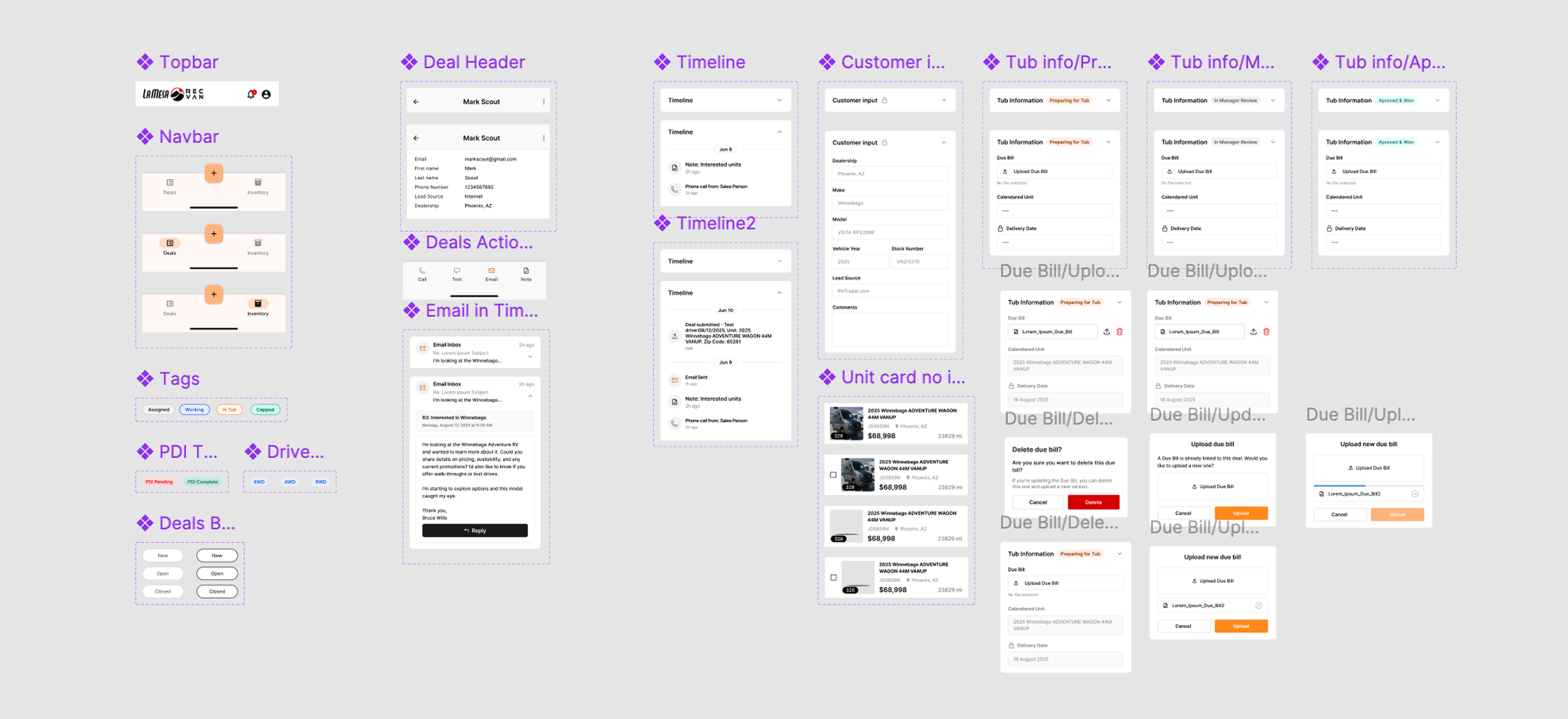 Component sheet: top bar, navbar, tags, deal header, deals action bar, timeline, customer input, and tub info states.