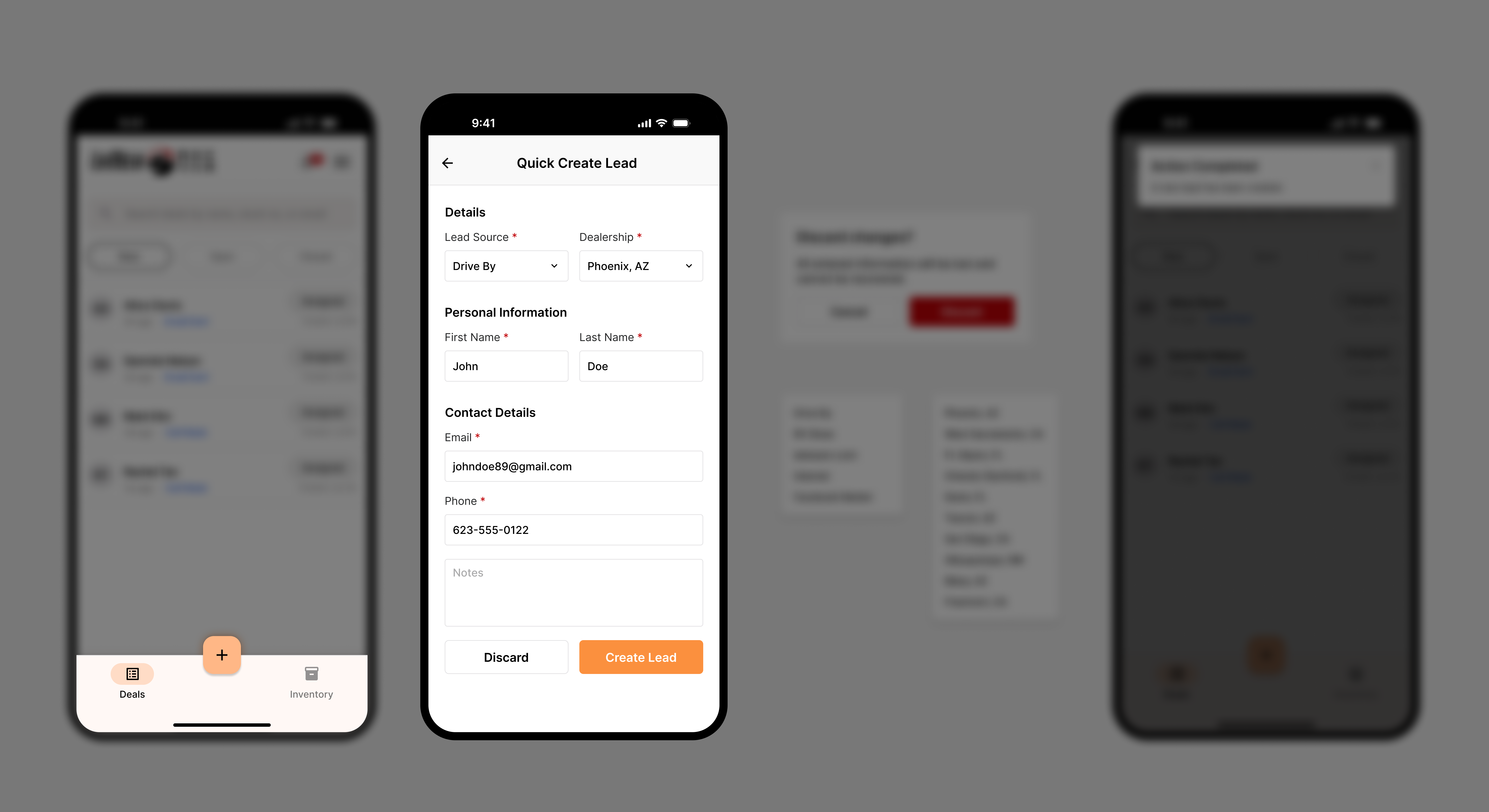 Quick create flow: floating action button, empty form, filled form, and confirmation.