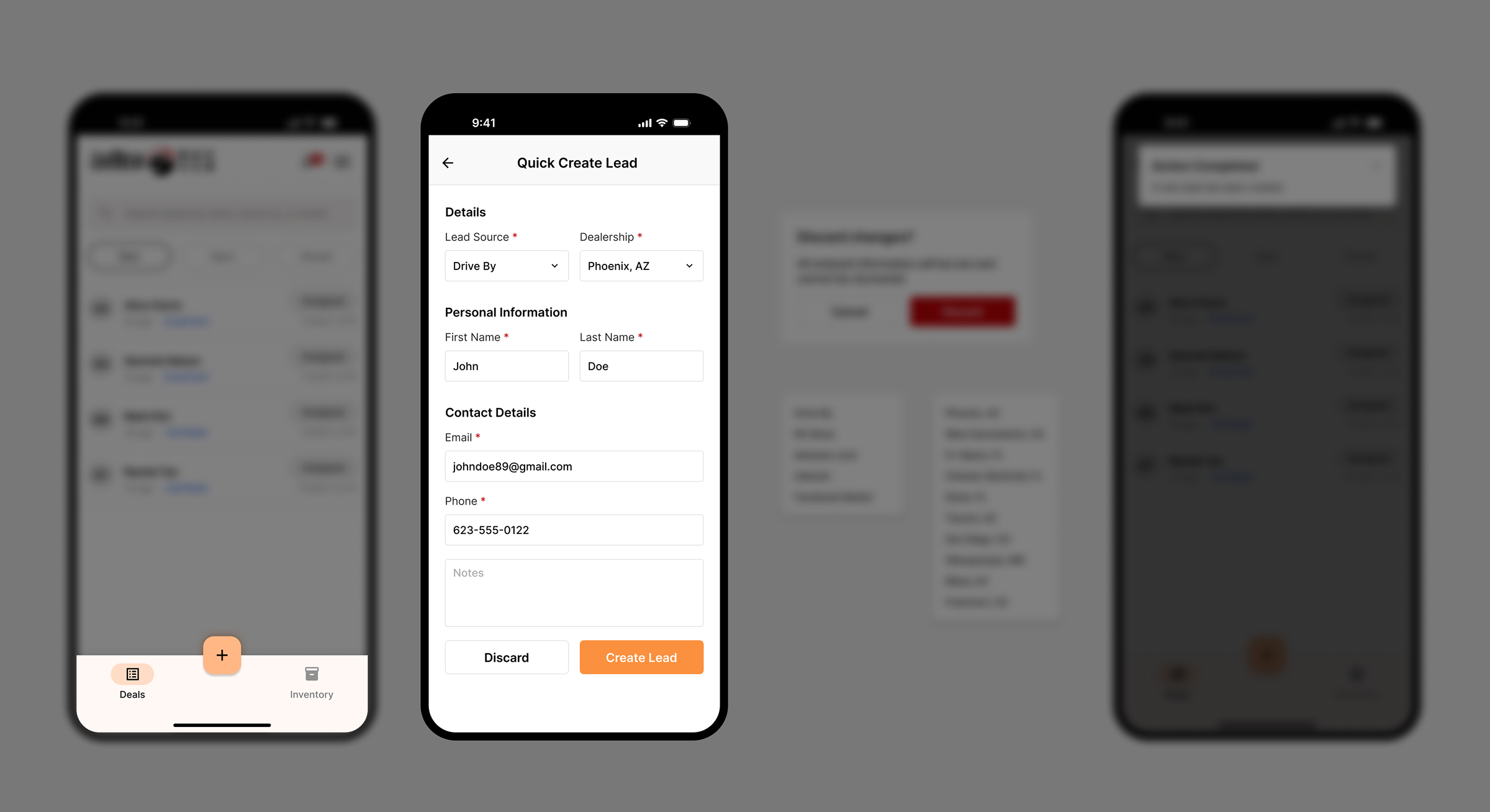 Quick create flow: floating action button, empty form, filled form, and confirmation.