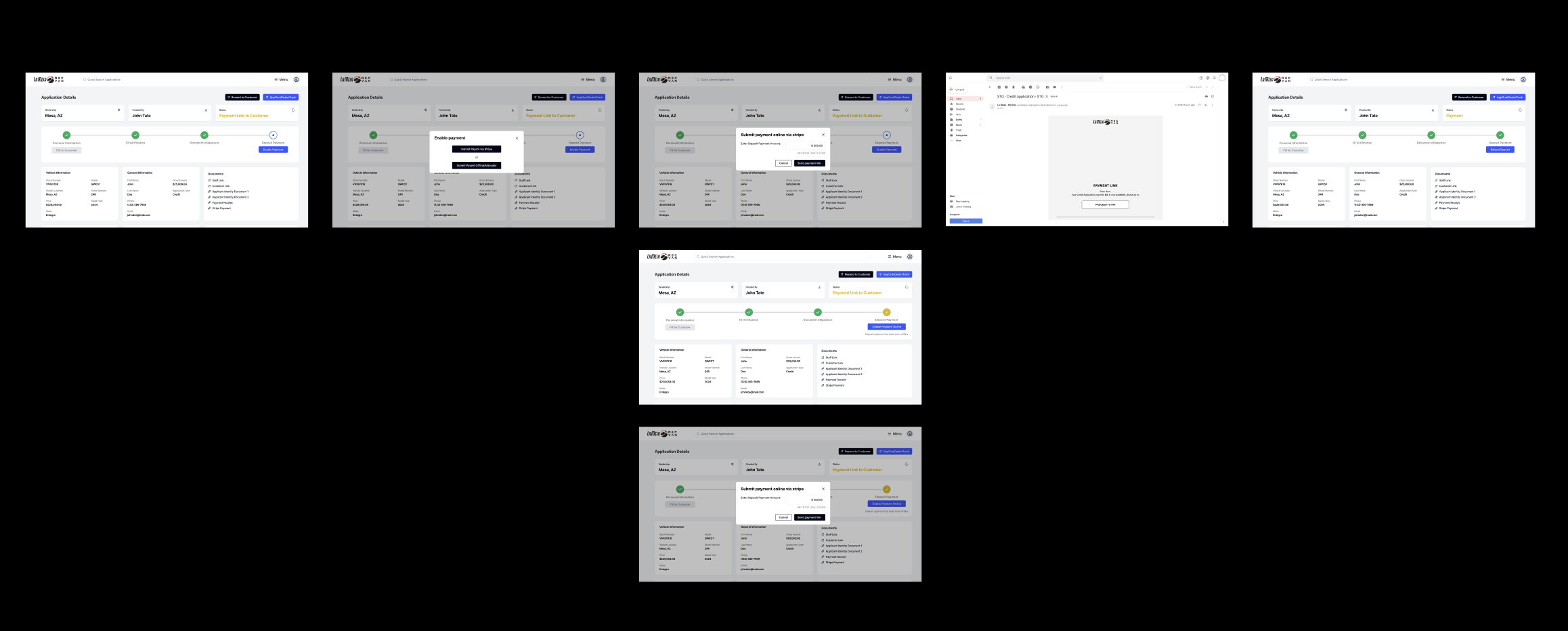 Deposit flow supporting online and manual payment paths with receipts and internal records.