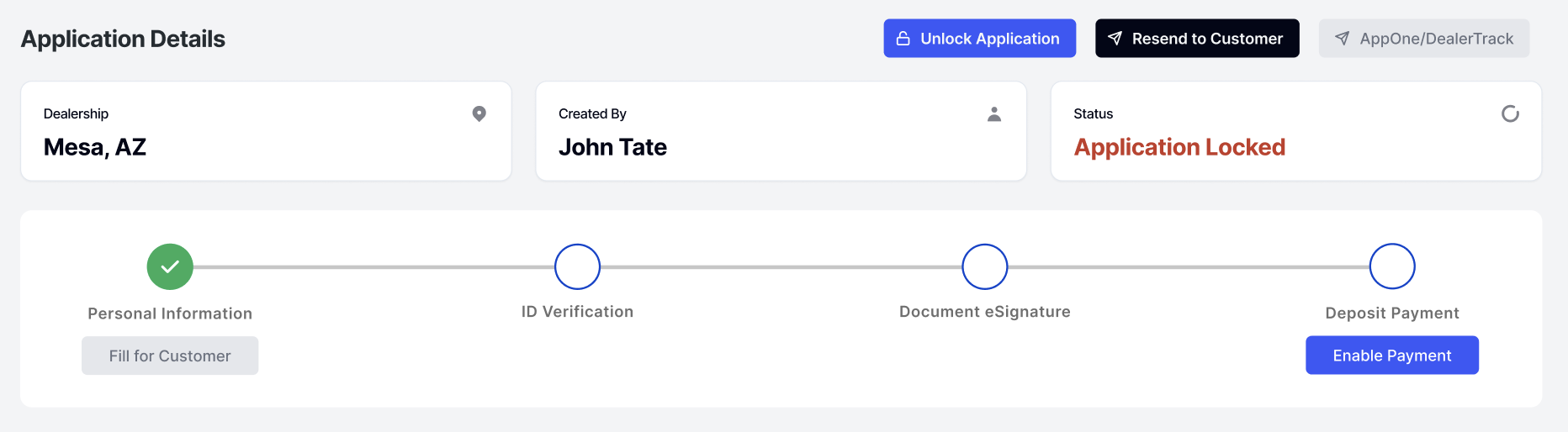 Read-only locked application UI with clear system state after submission to AppOne.