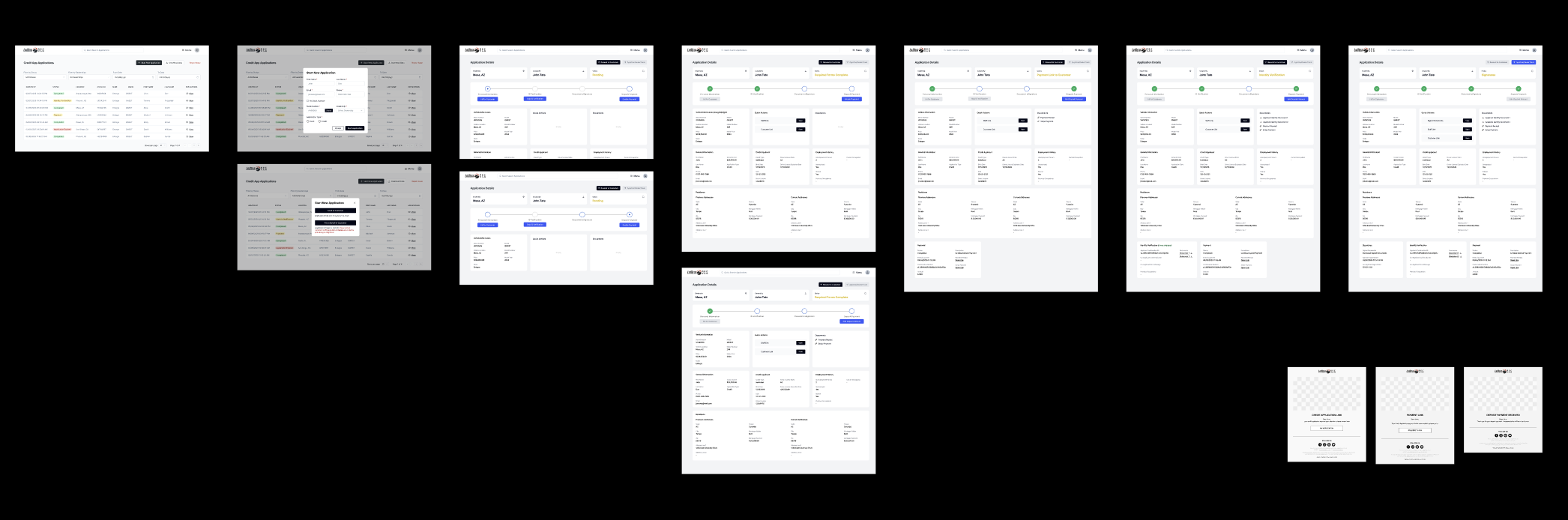 Application flow with stepper, phases, and flexible navigation between customer info, signatures, verification, and payments.