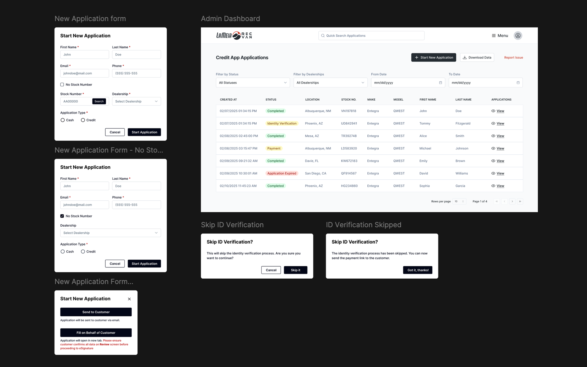 Admin dashboard overview of applications with filters and status indicators.