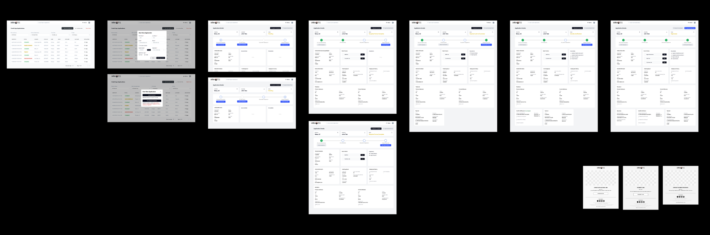 Application flow with stepper, phases, and flexible navigation between customer info, signatures, verification, and payments.