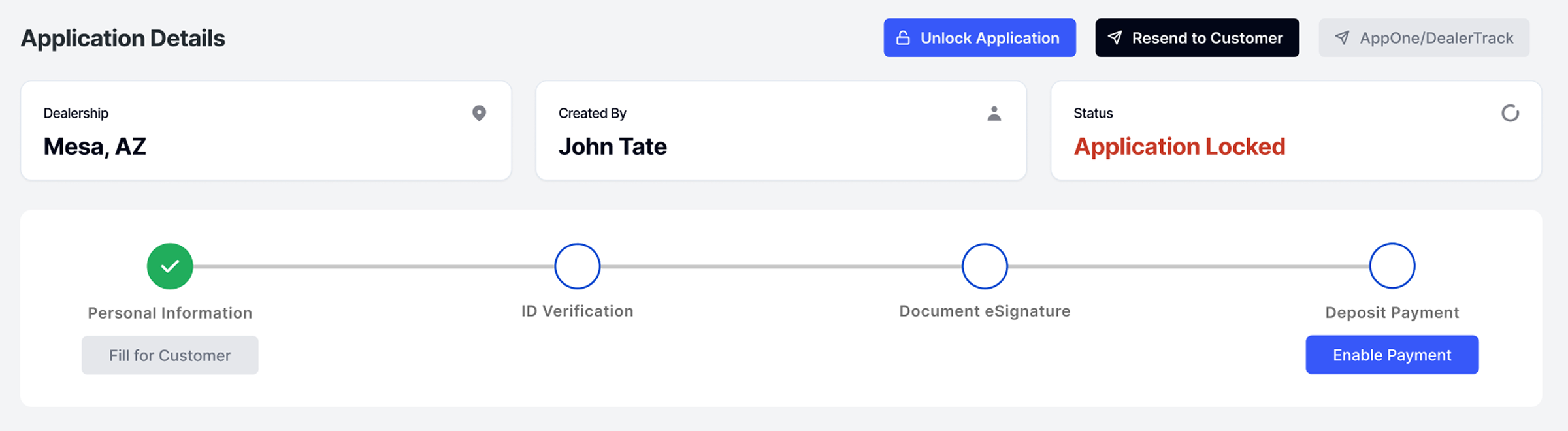 Read-only locked application UI with clear system state after submission to AppOne.