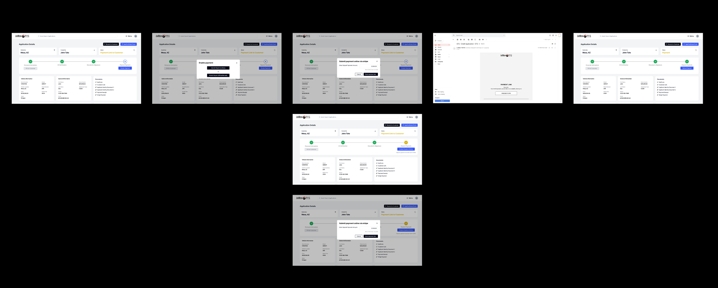 Deposit flow supporting online and manual payment paths with receipts and internal records.
