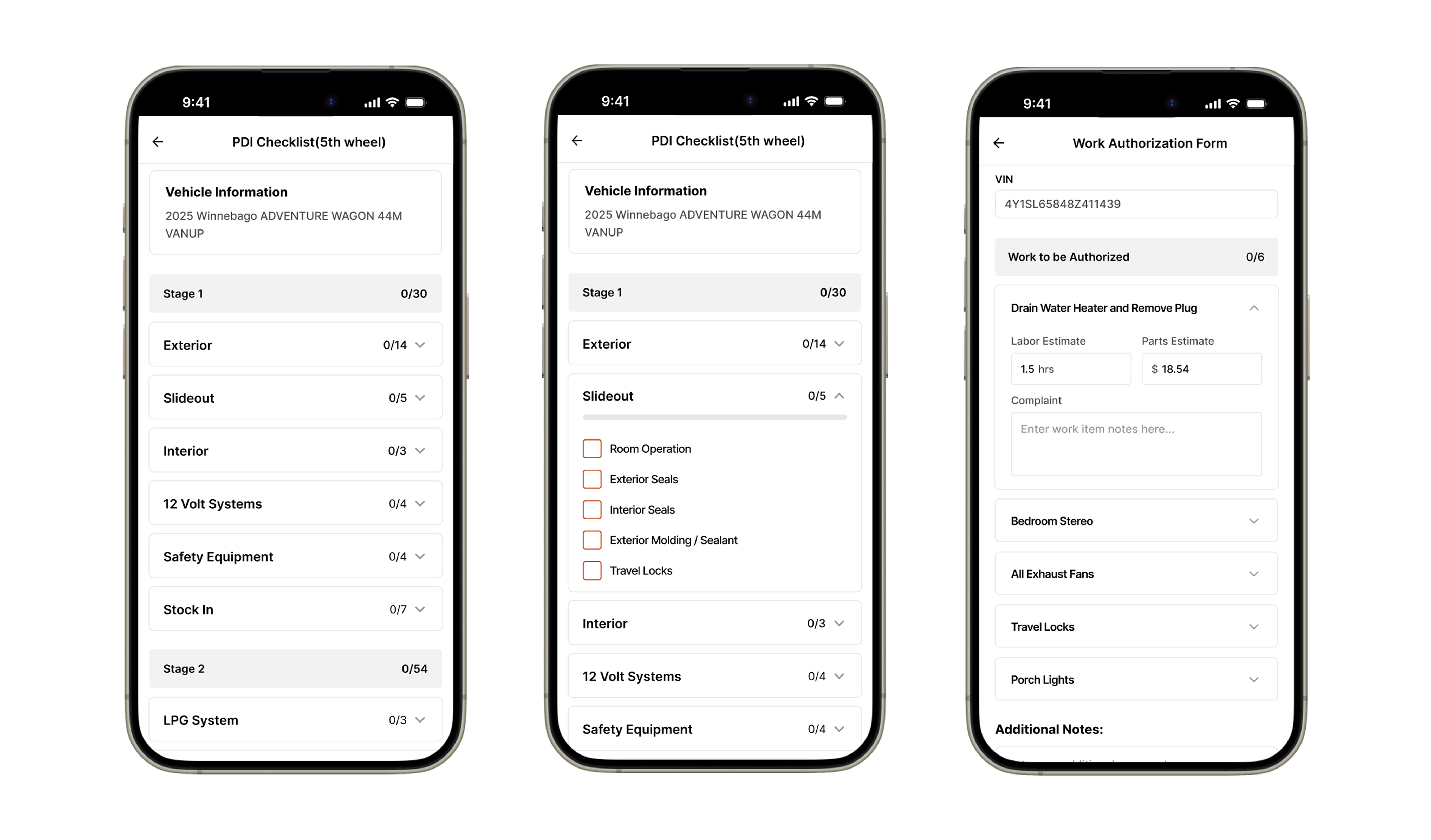 Mobile UI: PDI checklist with category progress counts and expandable sections, expanded checklist items with checkboxes, and Work Authorization Form with labor and parts fields.
