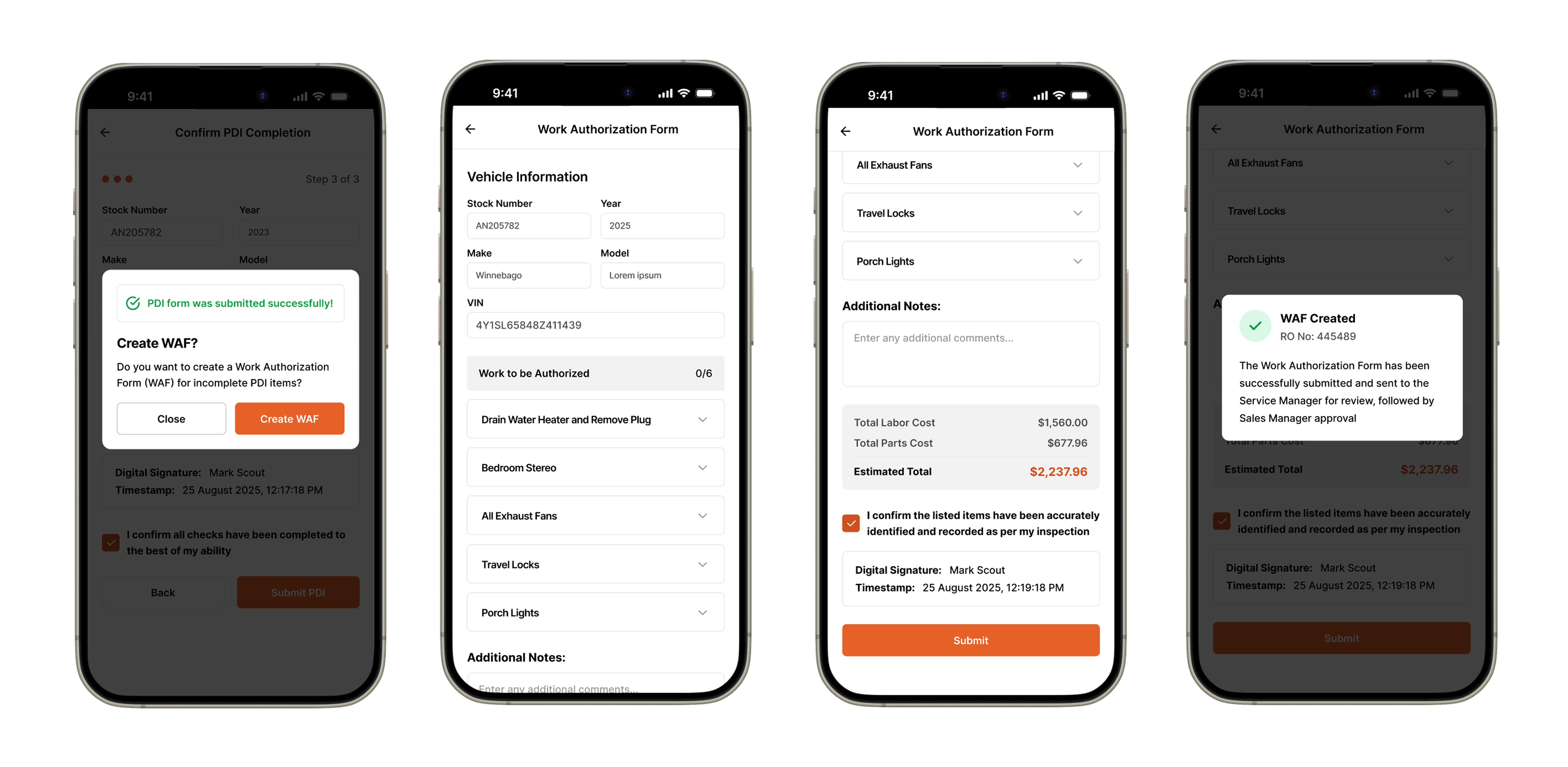 Work Authorization Form with pre-filled vehicle data and generated line items from failed inspection items.