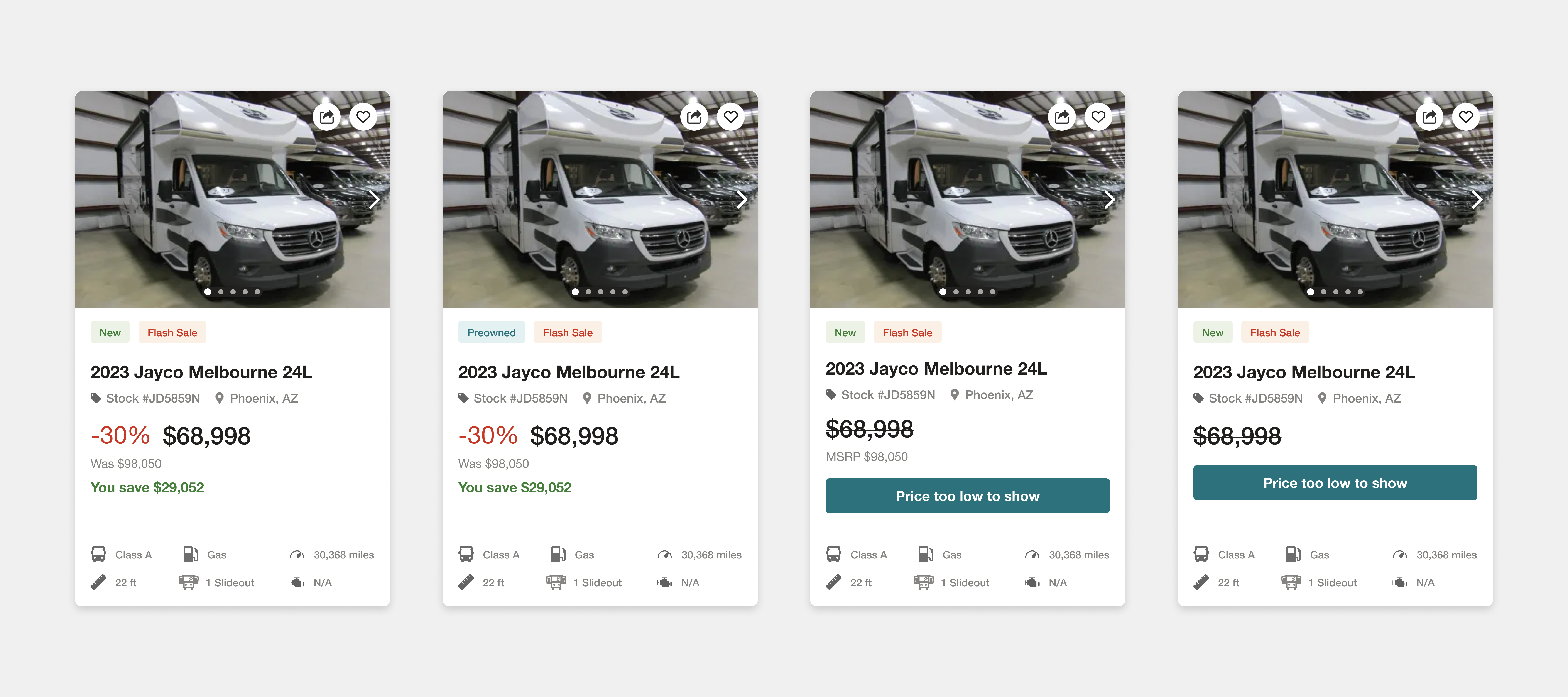 Updated La Mesa RV product card pricing layout.