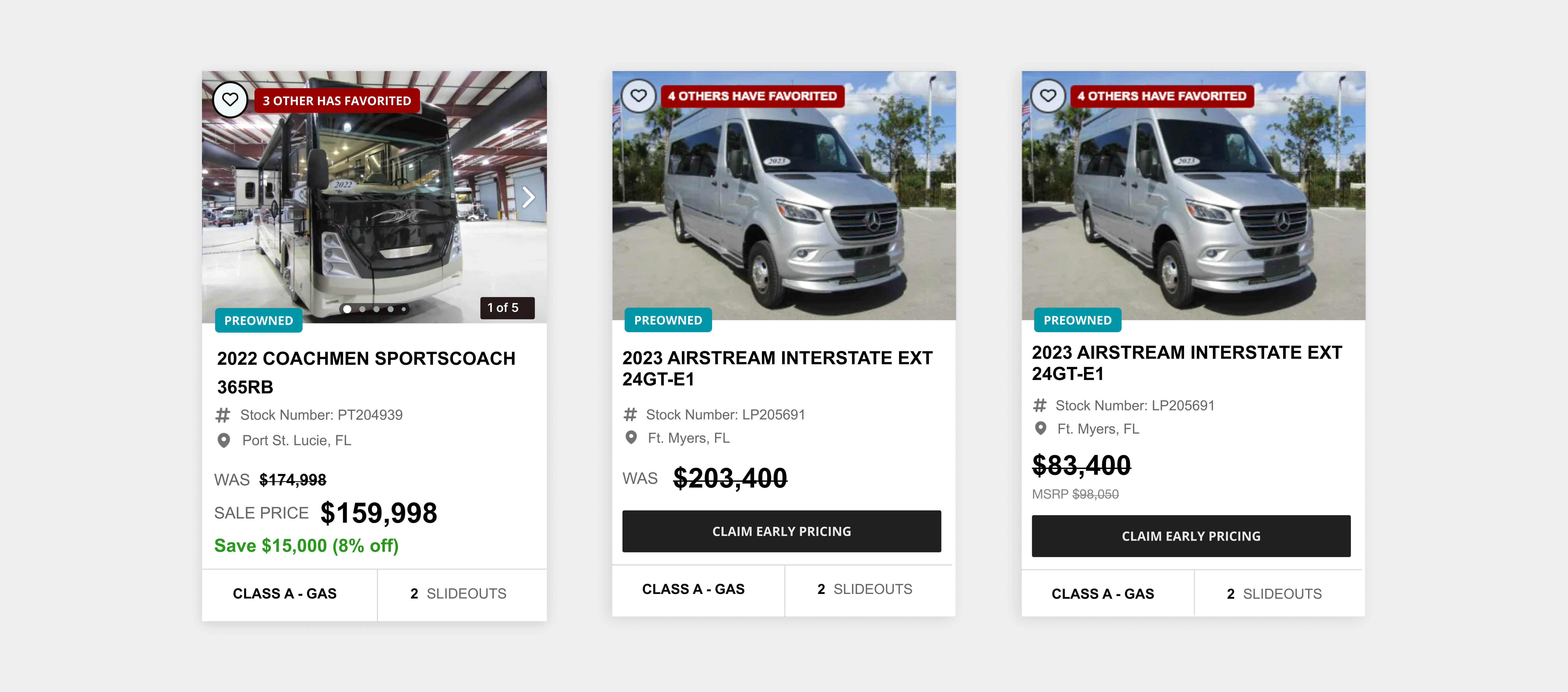 Old La Mesa RV product card pricing layout.