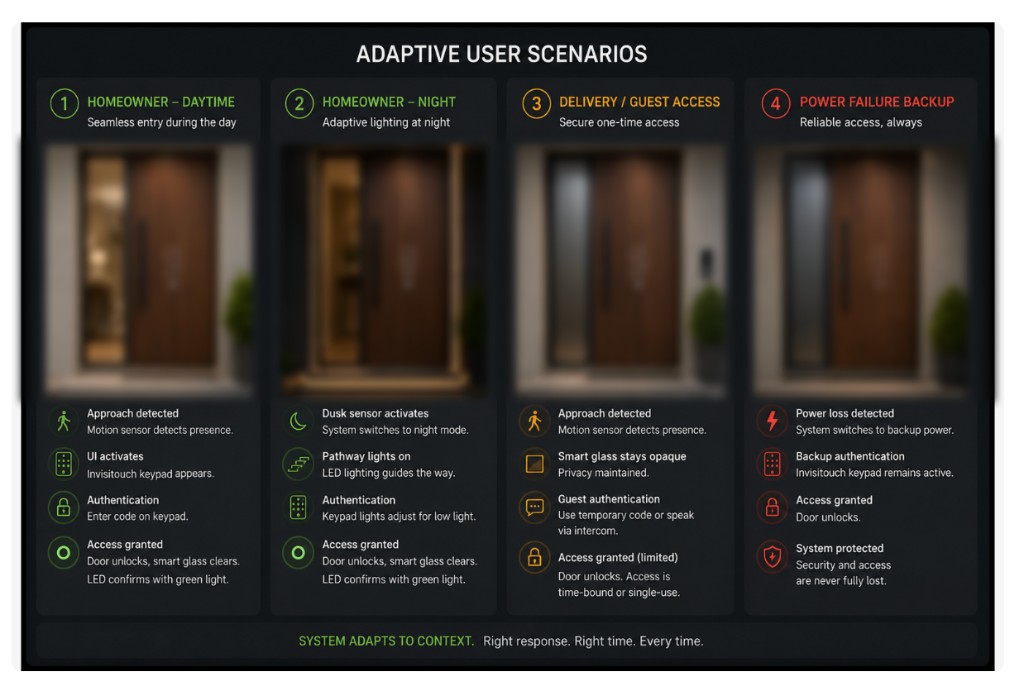User scenarios — homeowner, guest, and delivery flows.