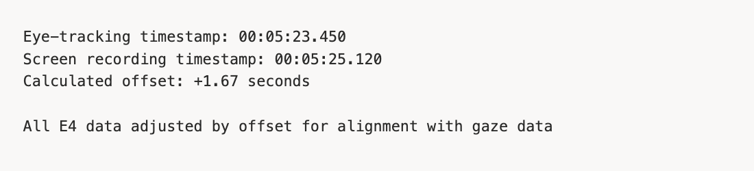 Timestamp alignment: spreadsheet workflow syncing Tobii, Empatica E4, and screen recording streams.