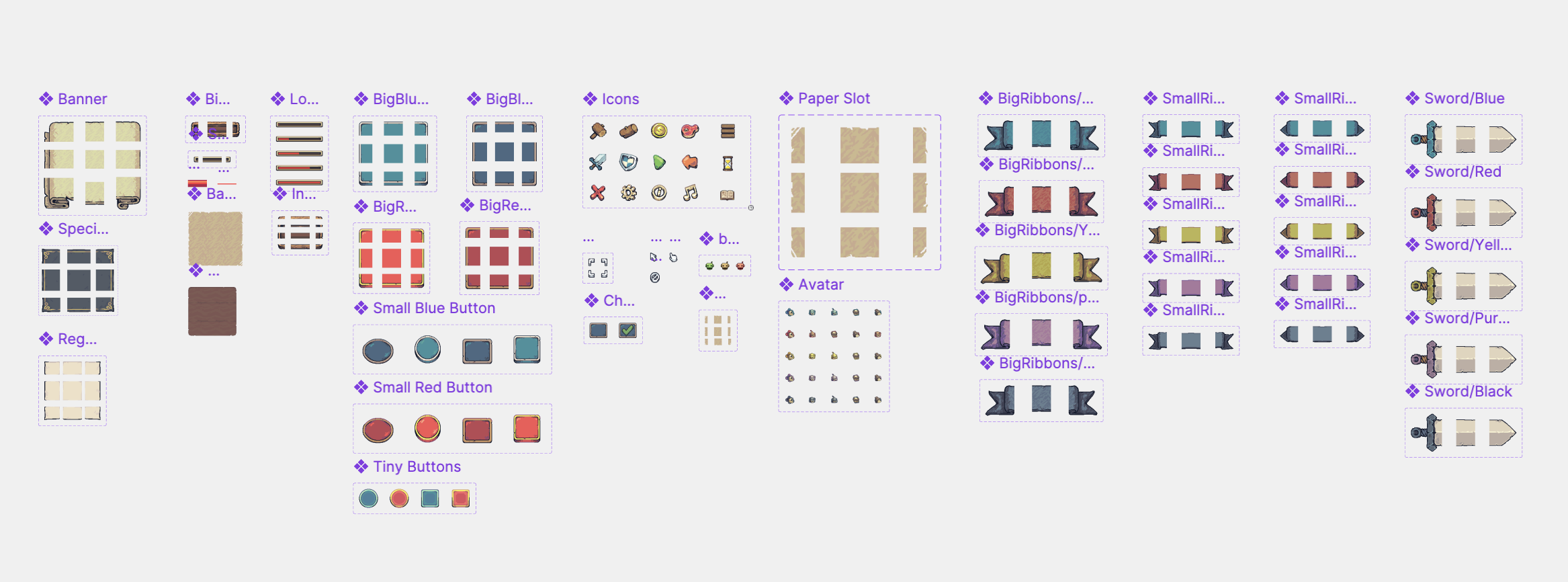 Figma library showing atomic UI elements and component variants.