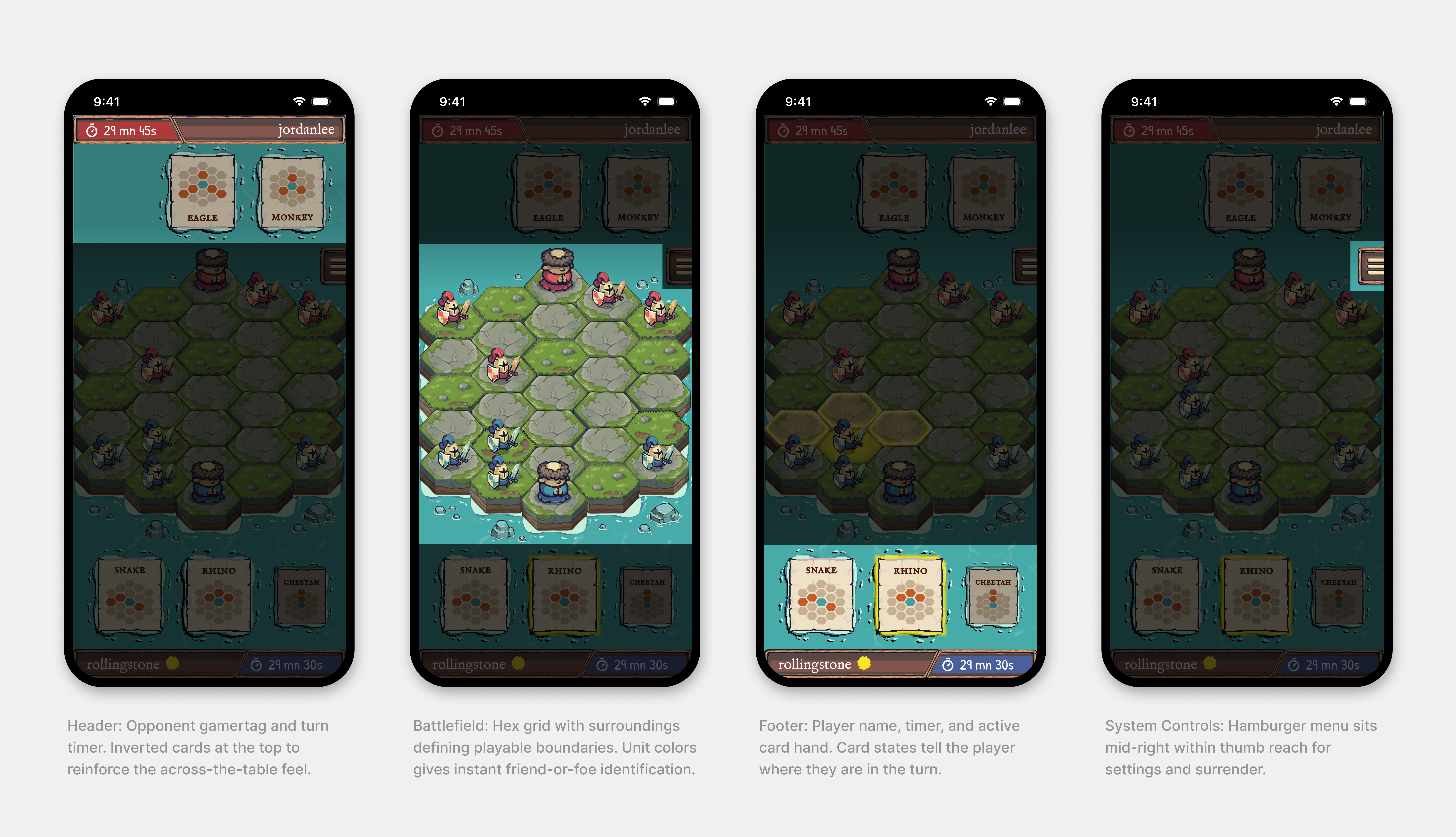 HUD layout with header, battlefield, and footer zones.