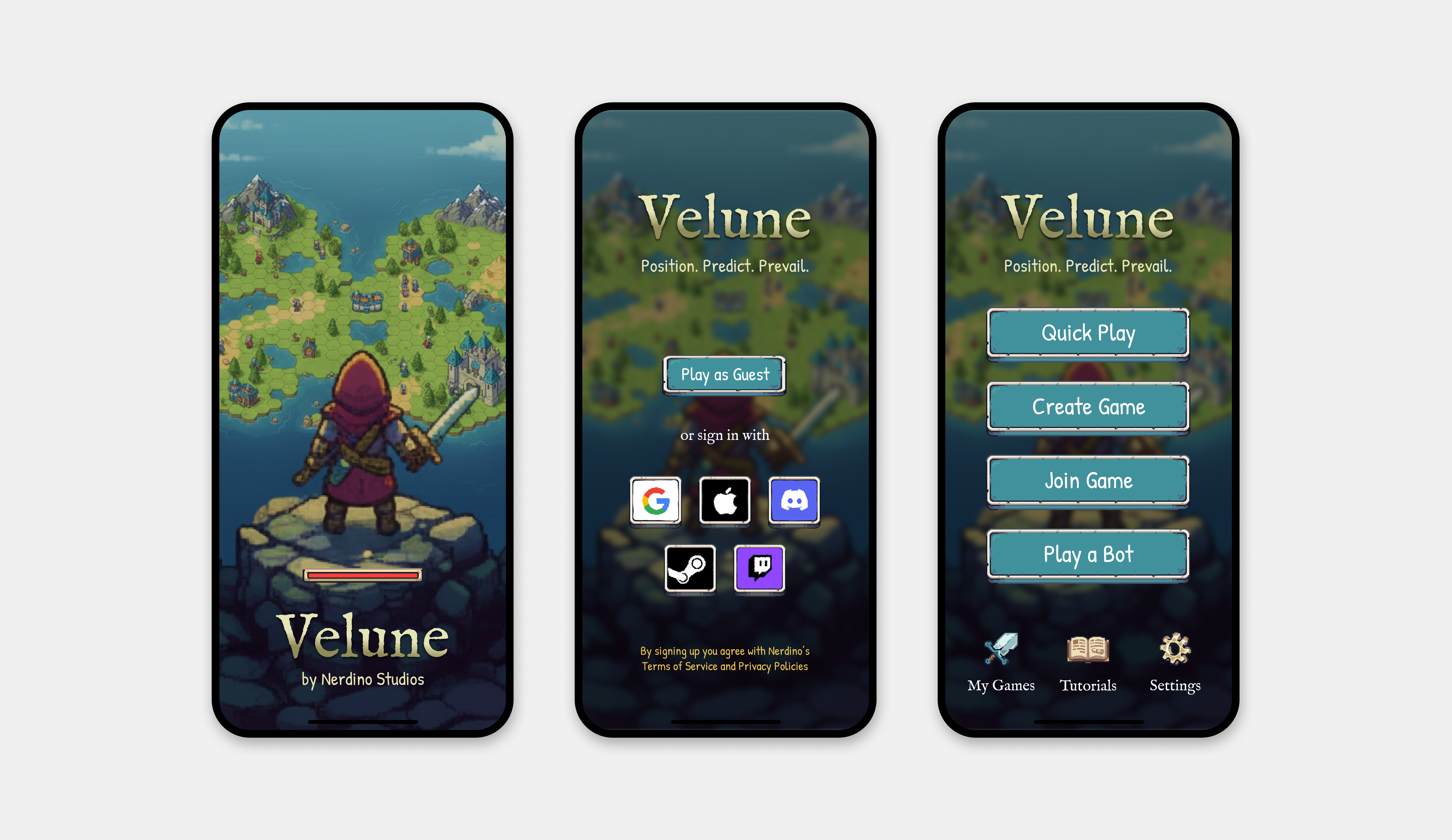 Main menu with Quick Play, Create Game, Join via Code, and Play vs Bot.