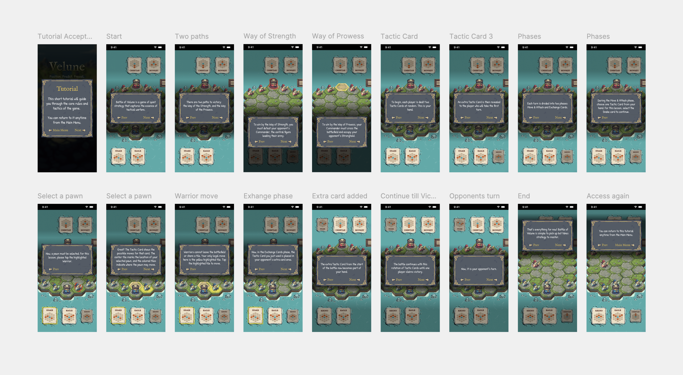 Tutorial screens with highlighted UI for guided learning.